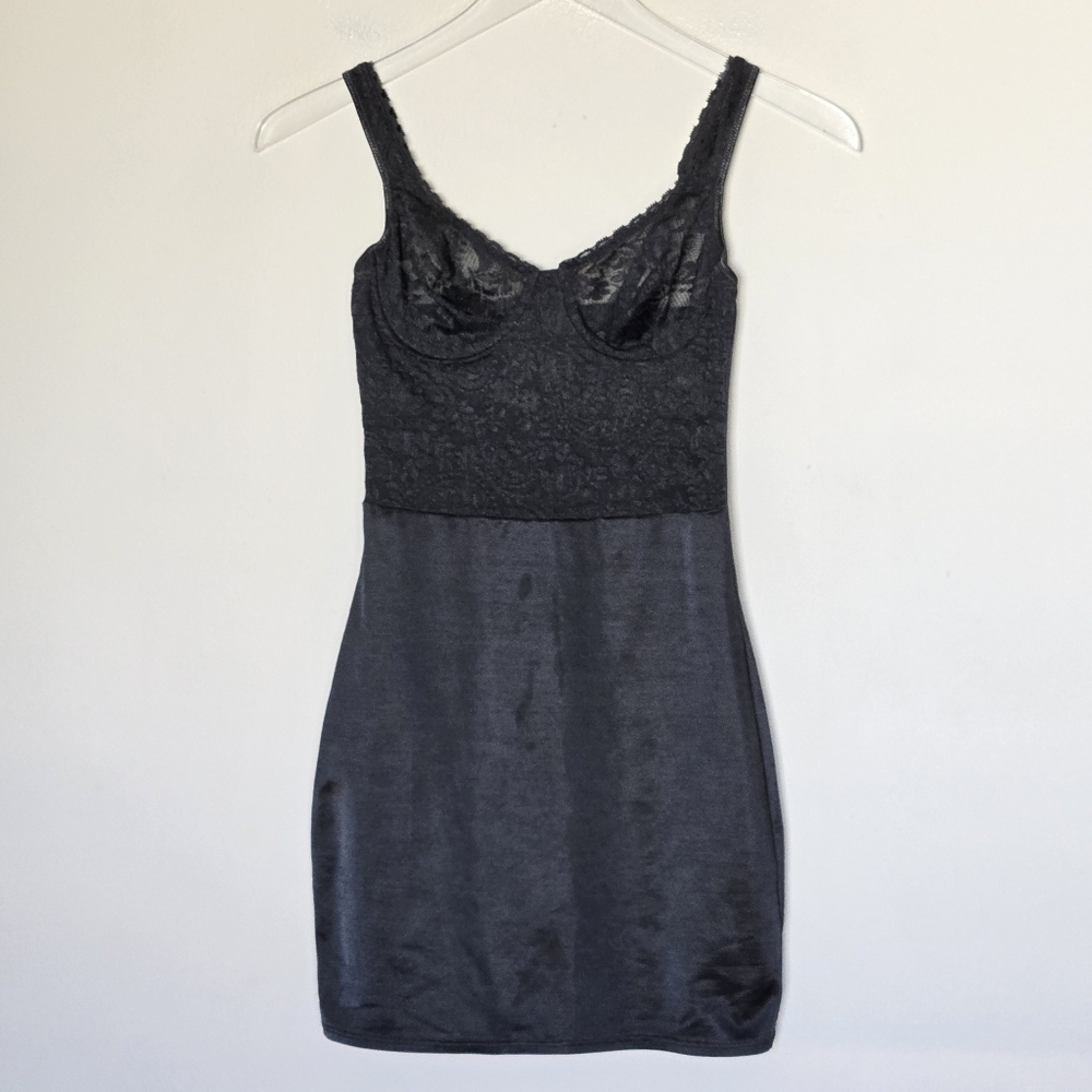 Vintage 80s Warner's Black Lace Corset Body Shaping Slip Dress Size 32 or XS